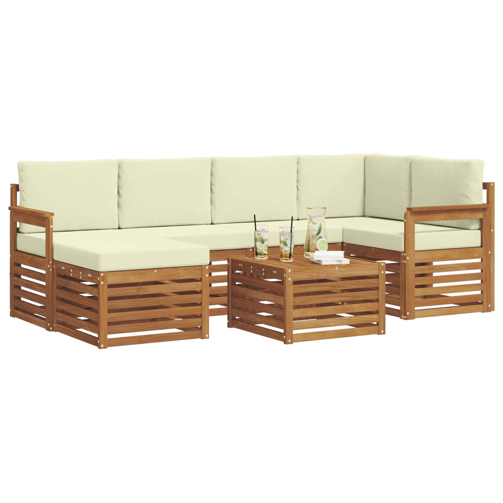 Ecksofa Set mit Kissen 7 pcs Natur und Creme Massivholz Akazie