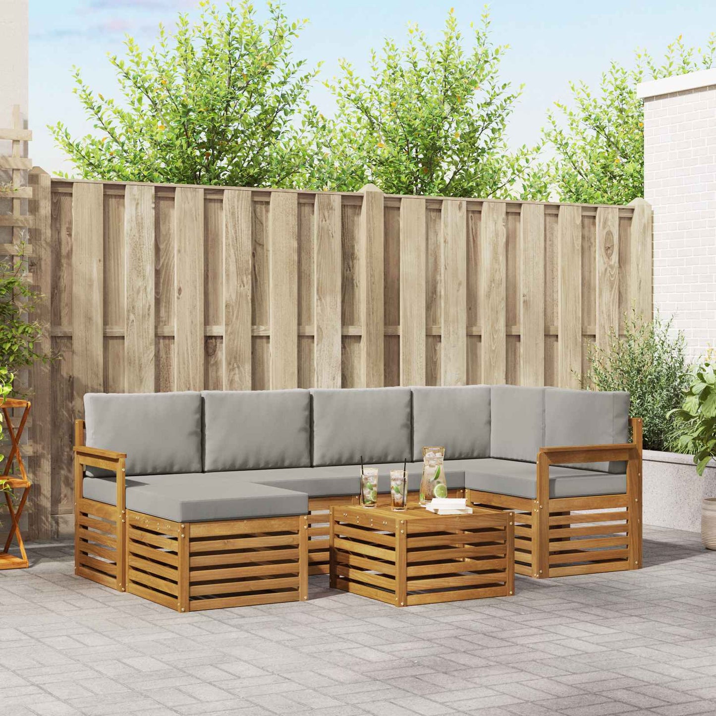Outdoor-Sofagarnitur 7 stk. Natürlich und Hellgrau Polyester