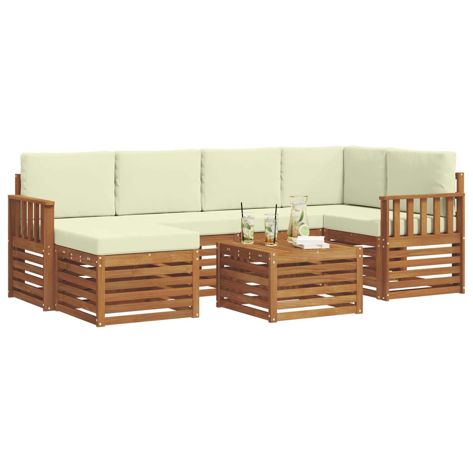 Ecksofa Set mit Kissen 7 pcs Natur und Creme Massivholz Akazie