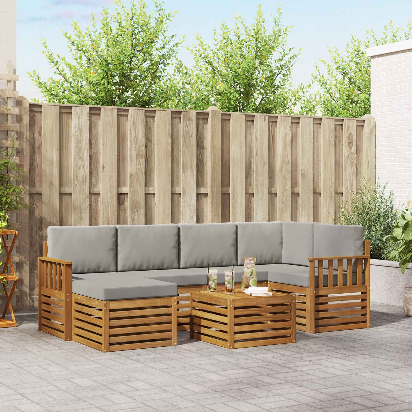 Outdoor-Sofagarnitur 7 stk. Natürlich und Hellgrau Polyester