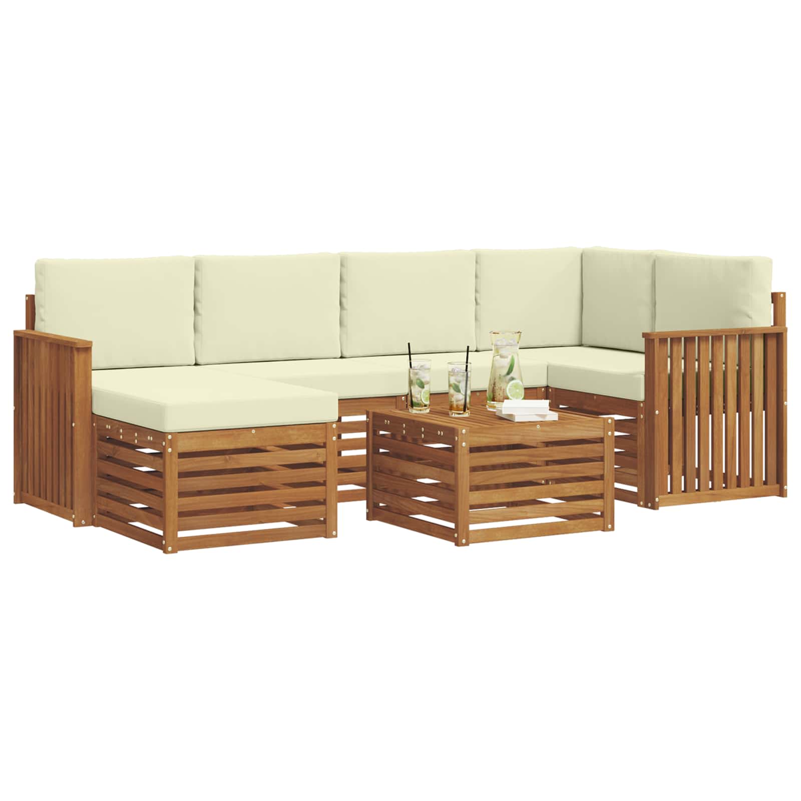 Ecksofa Set mit Kissen 7 pcs Natur und Creme Massivholz Akazie