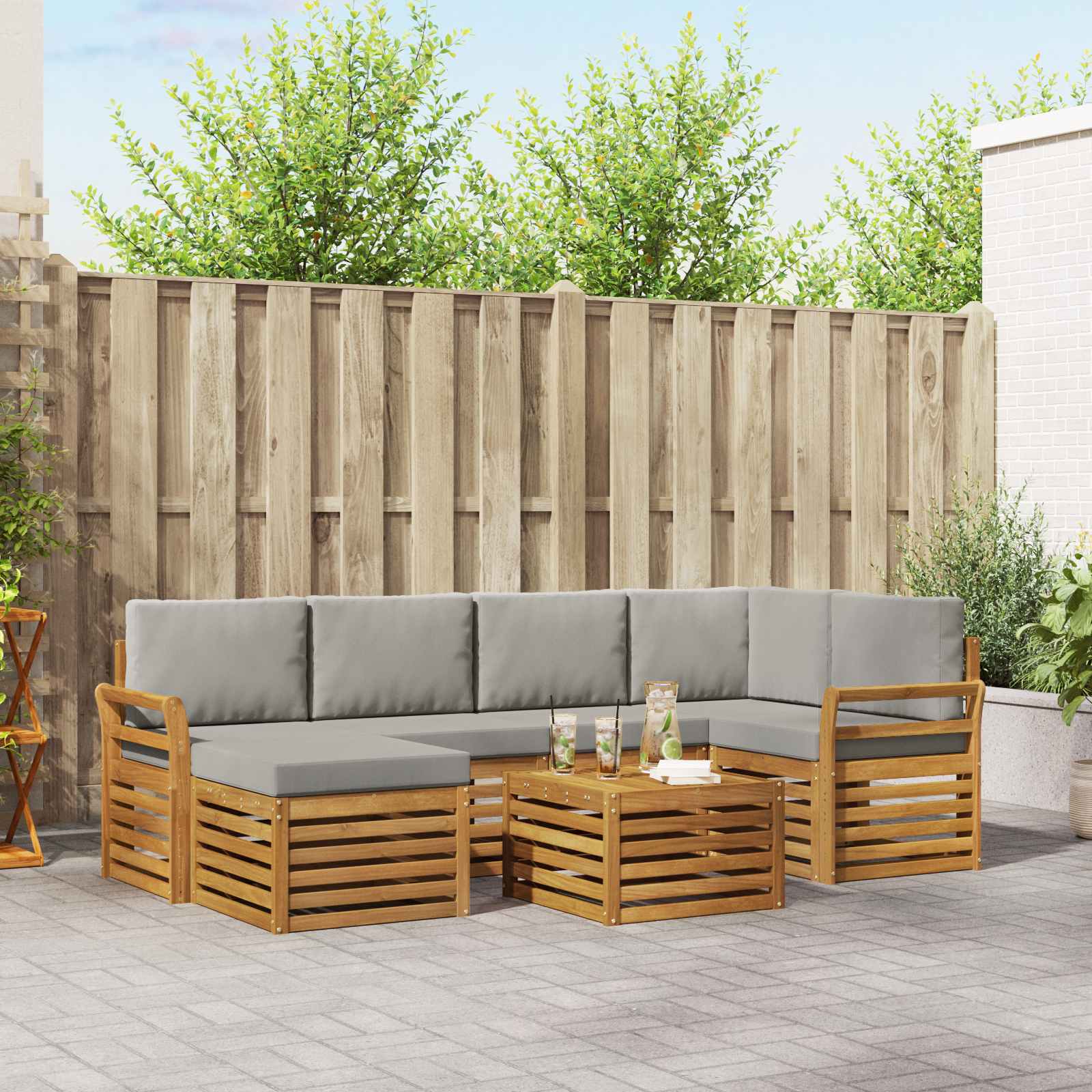 Outdoor-Sofagarnitur 7 stk. Natürlich und Hellgrau Polyester