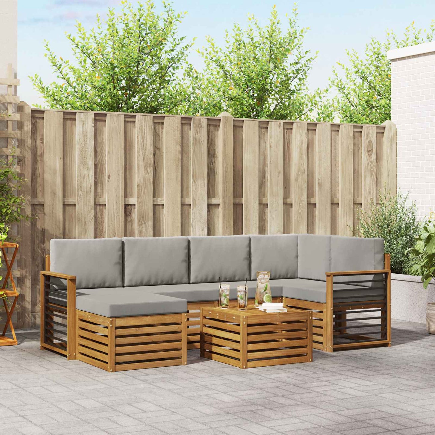 Outdoor-Sofagarnitur 7 stk. Natürlich und Hellgrau Polyester
