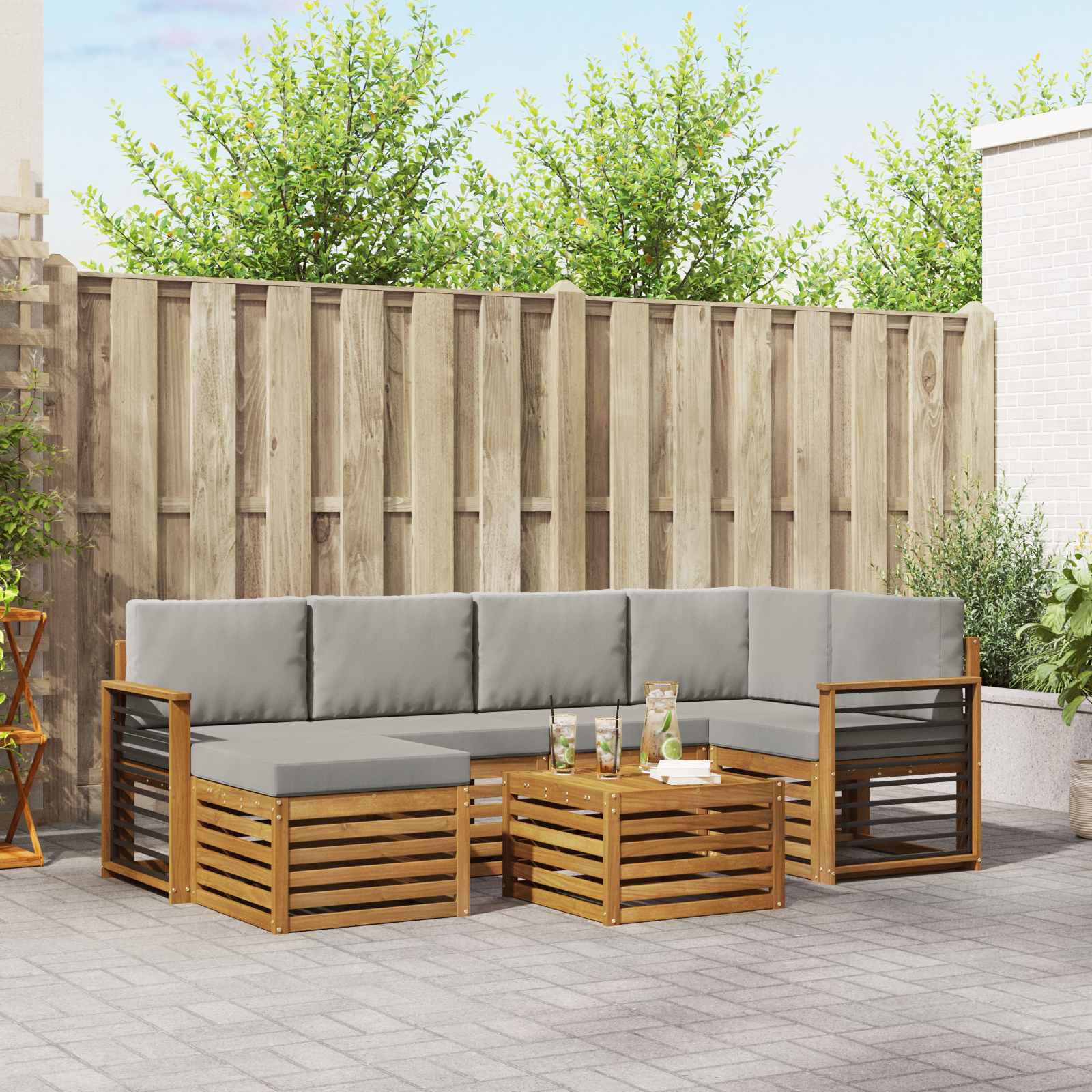 Outdoor-Sofagarnitur 7 stk. Natürlich und Hellgrau Polyester