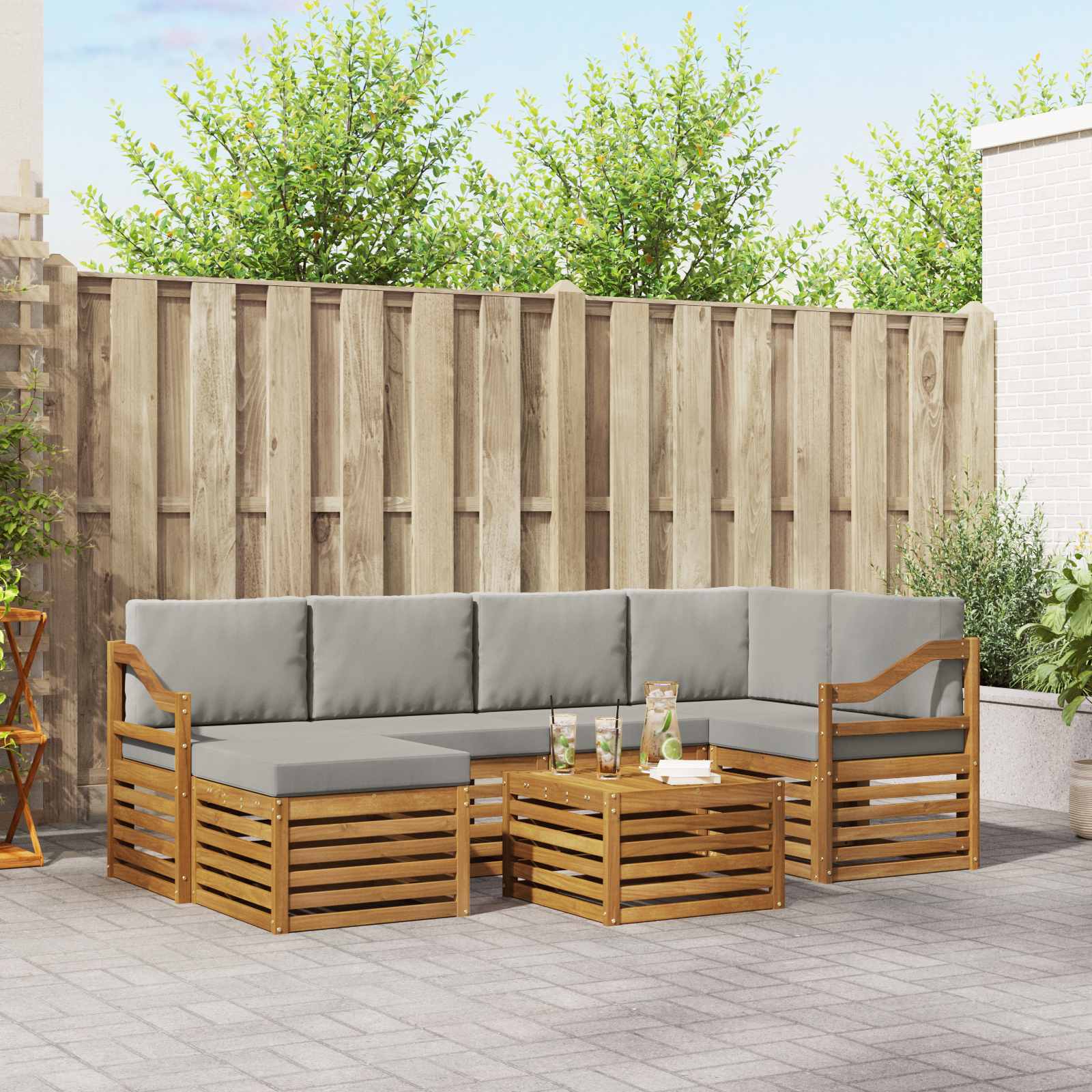 Outdoor-Sofagarnitur 7 stk. Natürlich und Hellgrau Polyester