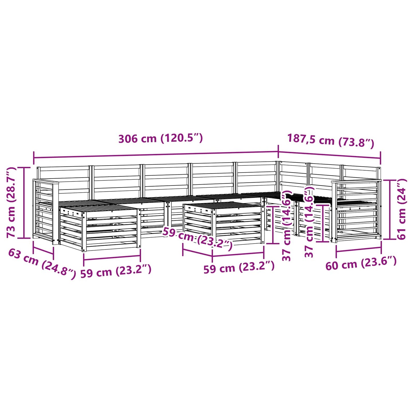 Ecksofa Set 9 pcs Natur Massivholz Akazie