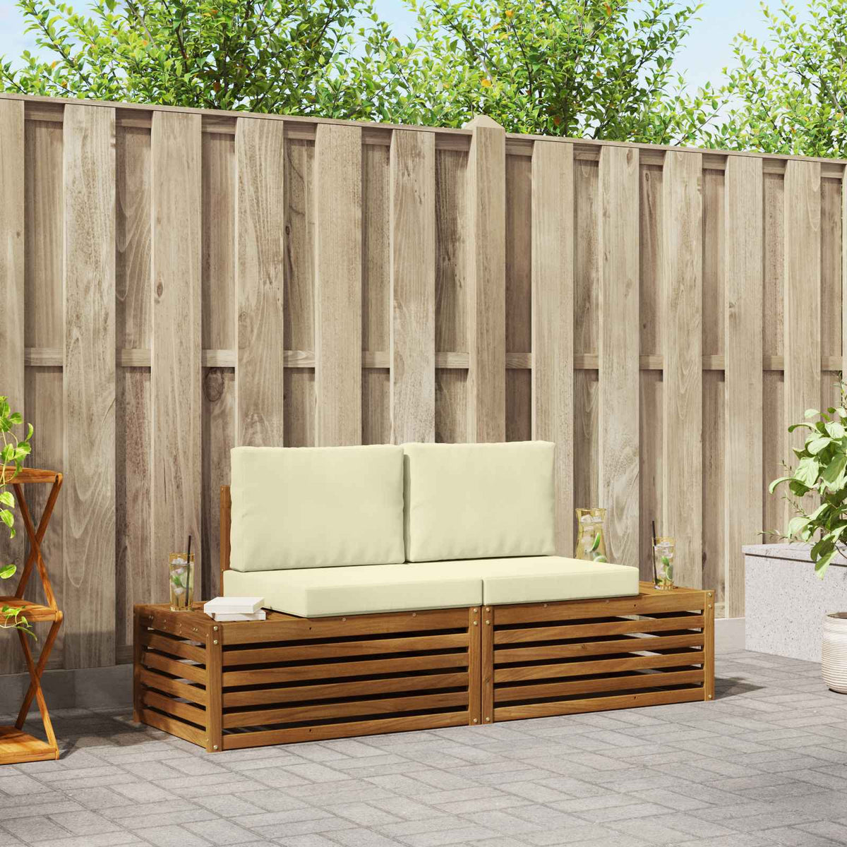 2 Stk. Outdoor-Sofagarnitur Massives Akazienholz und Polyester