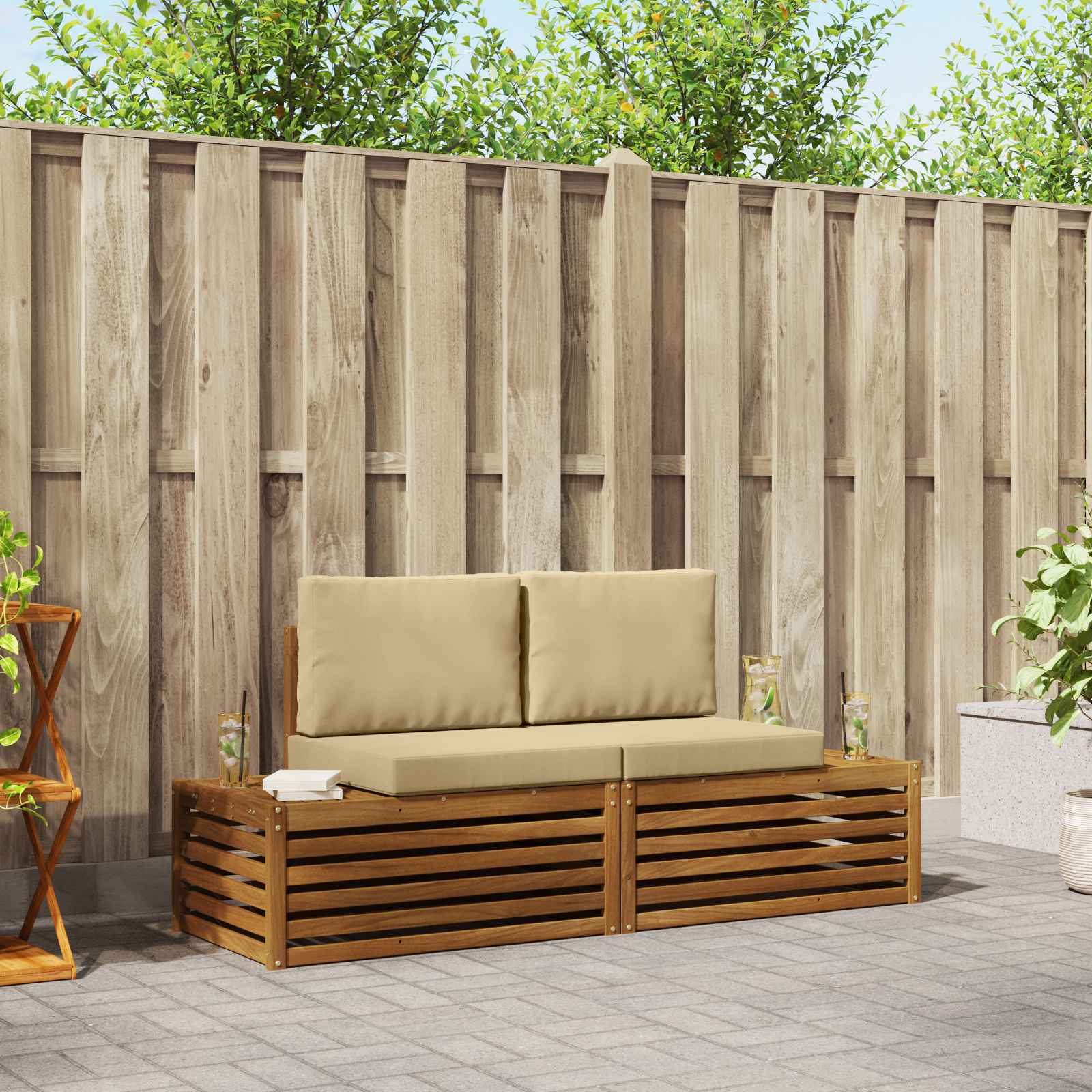 2 Stk. Outdoor-Sofagarnitur Massives Akazienholz und Polyester