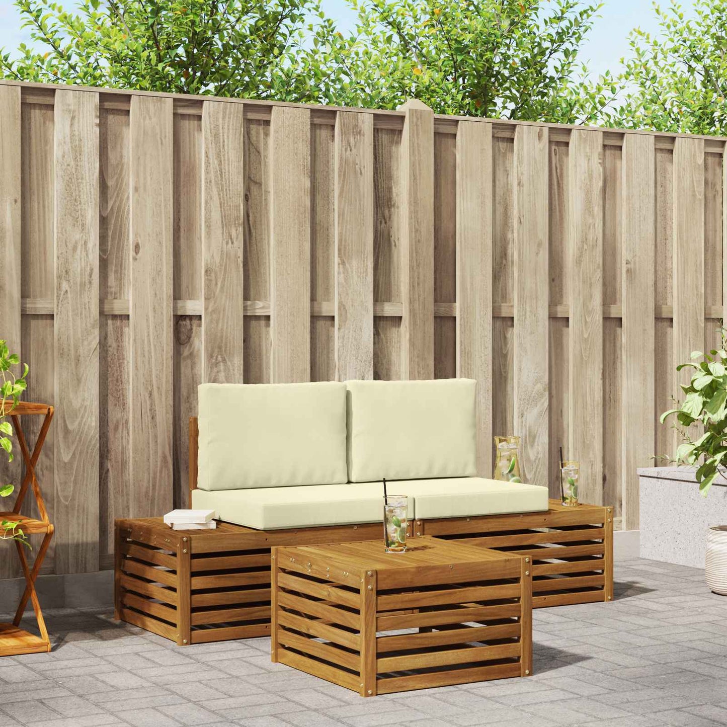 Outdoor-Sofagarnitur mit Kissen Natur und Creme 59 x 59 x 37 cm