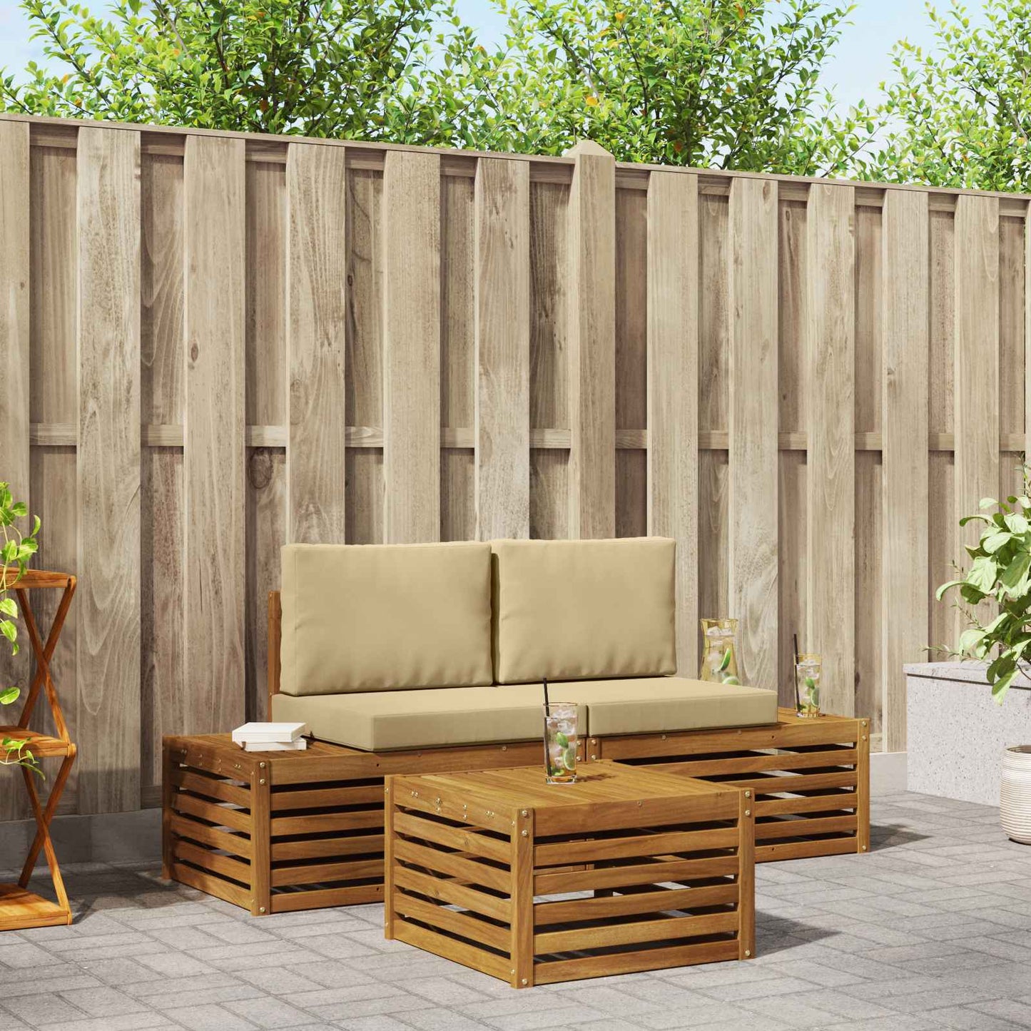 Outdoor-Sofagarnitur mit Kissen Natur und Beige 59 x 59 x 37 cm