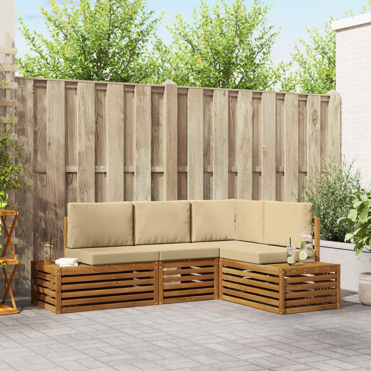 Outdoor-Sofagarnitur mit Kissen 4 Stück Natur und Beige
