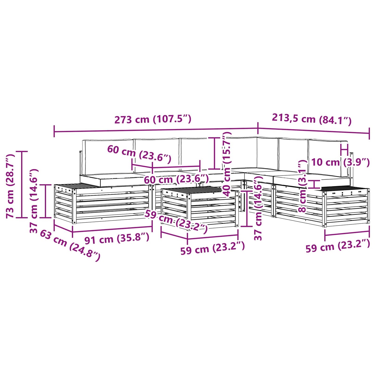 7 Stk. Outdoor-Sofagarnitur Massives Akazienholz und Polyester