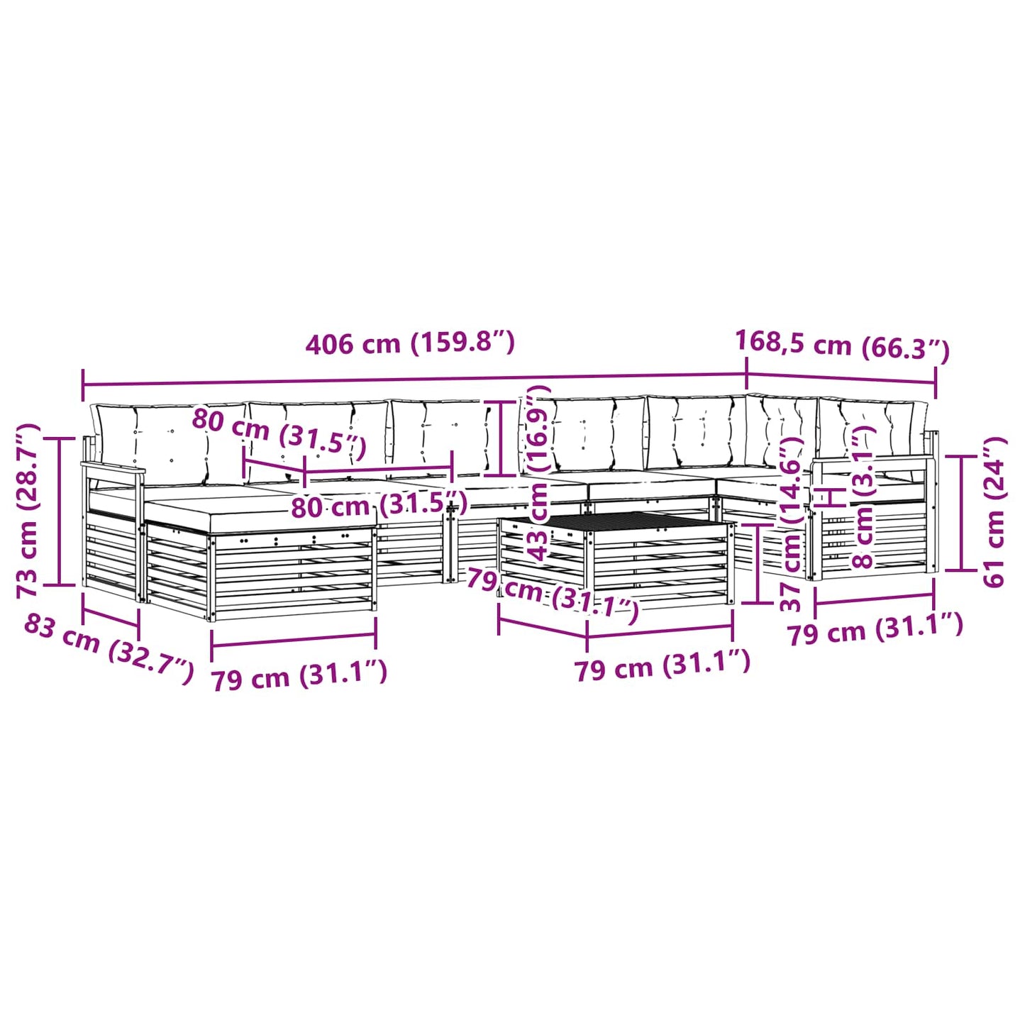 Outdoor-Sofagarnitur mit Kissen 8 pcs Natur und Anthrazit