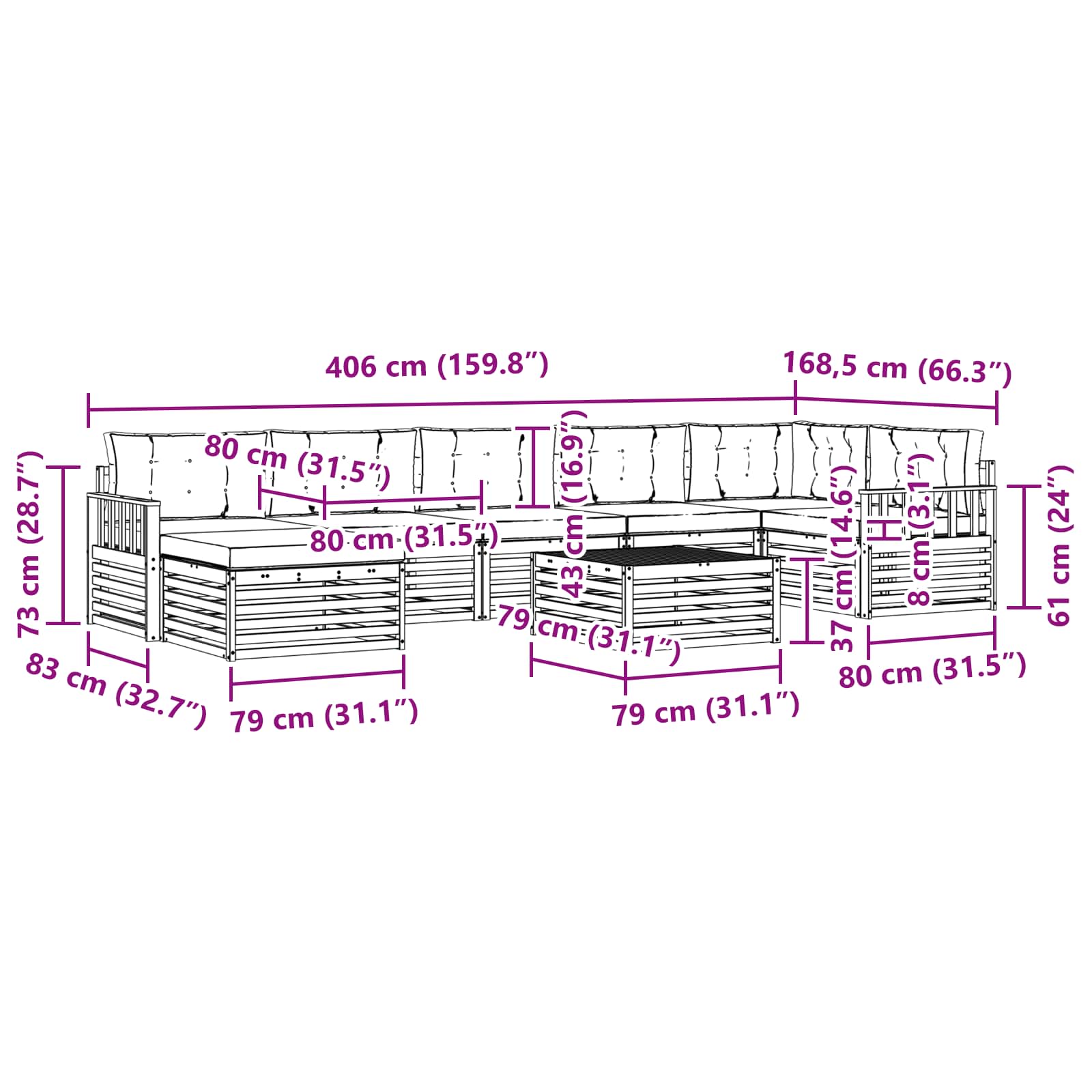 Outdoor-Sofagarnitur mit Kissen 8 pcs Natur und Anthrazit