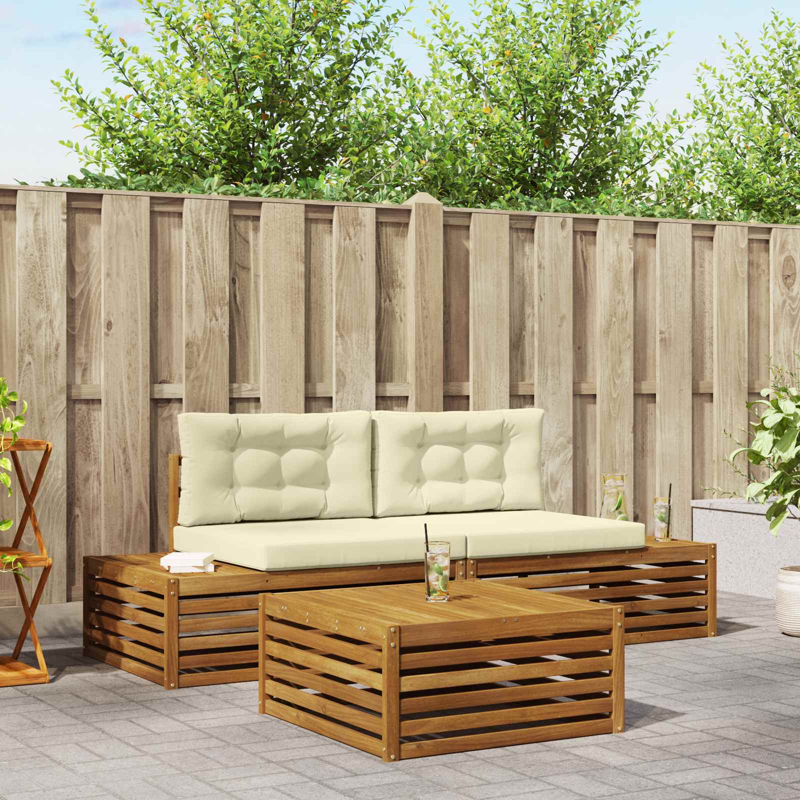 Outdoor-Sofagarnitur mit Kissen 3 Stück Natur und Creme