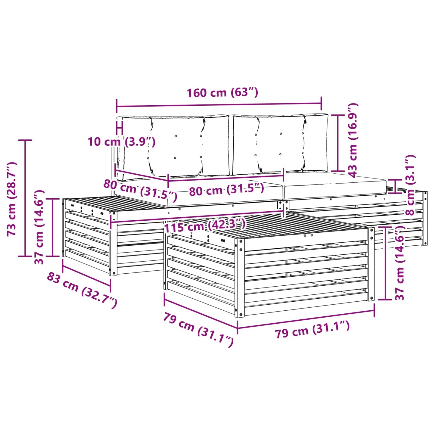 Outdoor-Sofagarnitur mit Kissen 3 Stück Natur und Creme