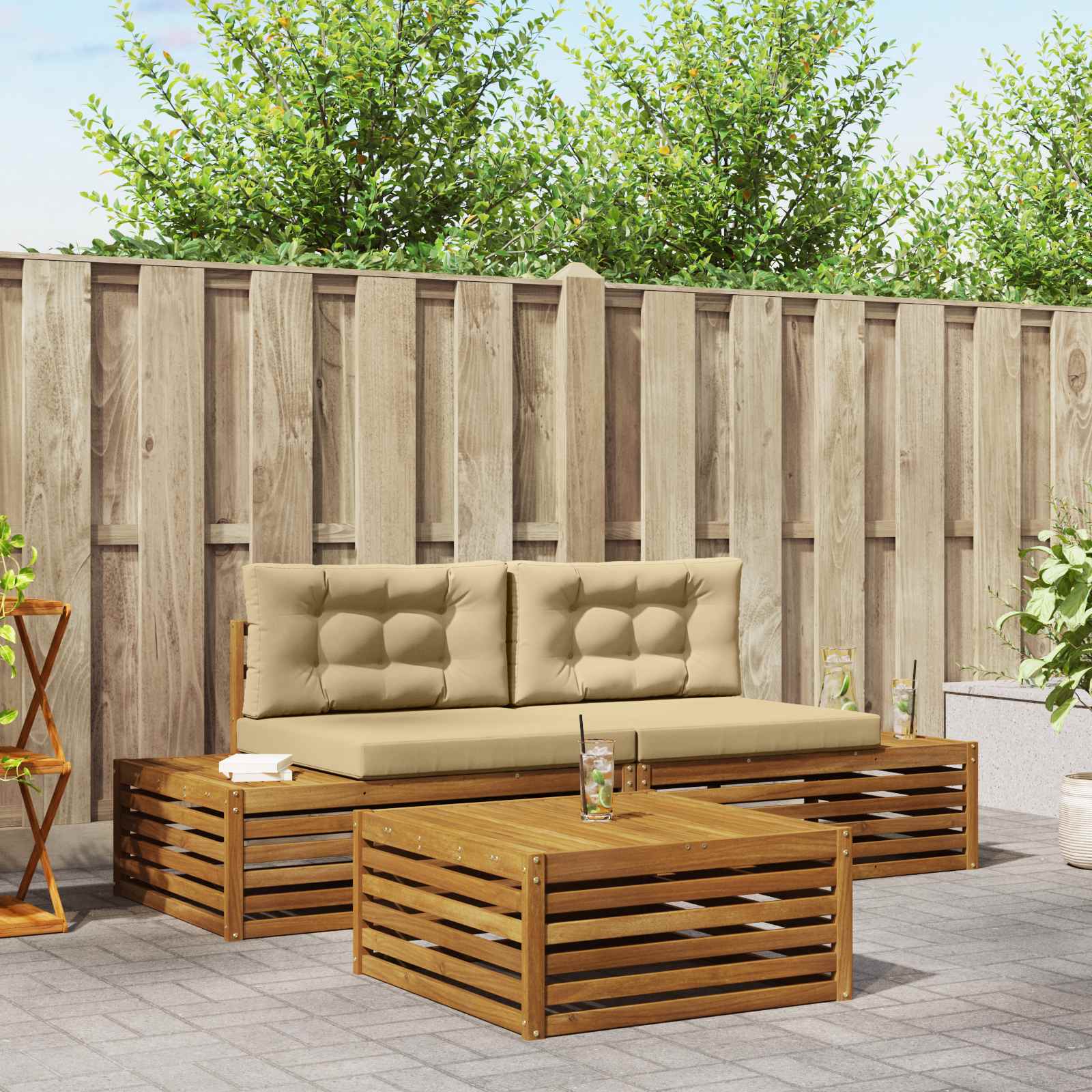 Outdoor-Sofagarnitur mit Kissen 3 Stück Natur und Beige