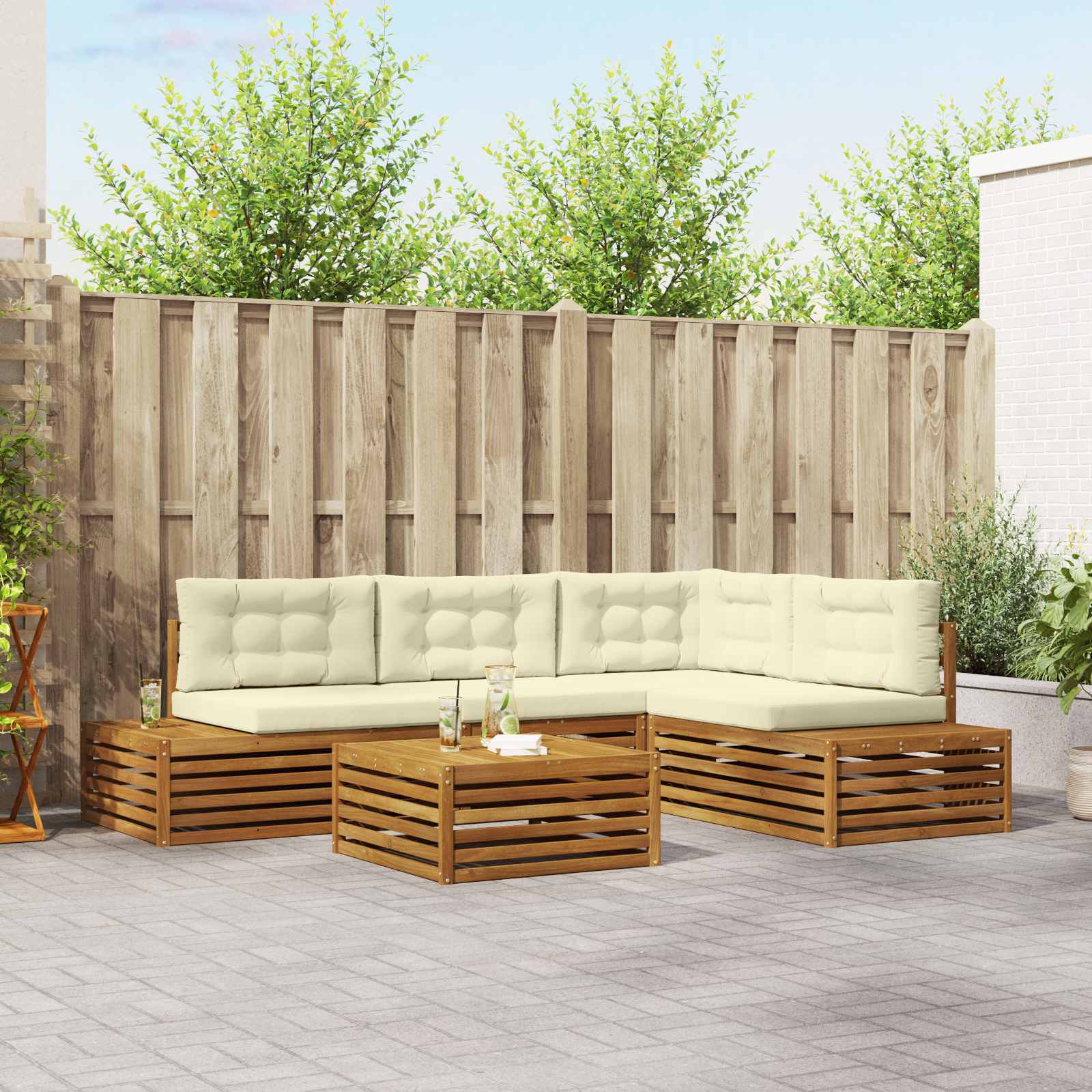 Outdoor-Sofagarnitur mit Kissen 5 Stück Natur und Creme