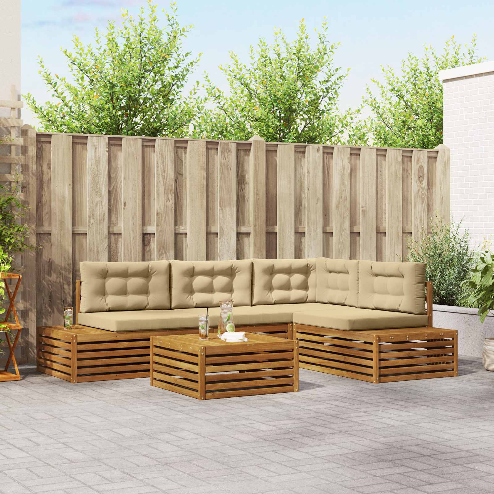 Outdoor-Sofagarnitur mit Kissen 5 Stück Natur und Beige
