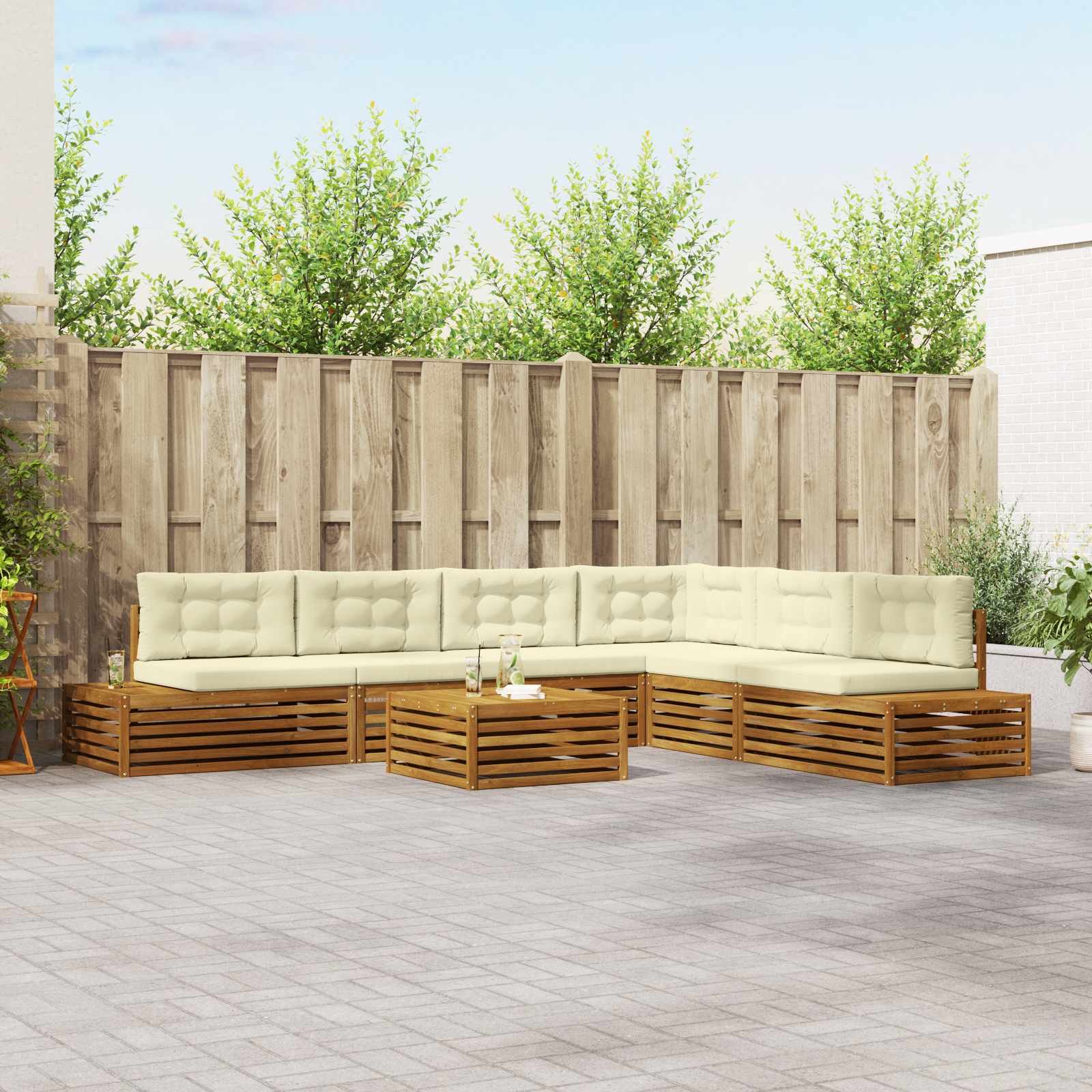 Outdoor-Sofagarnitur mit Kissen 7 Stück Natur und Creme