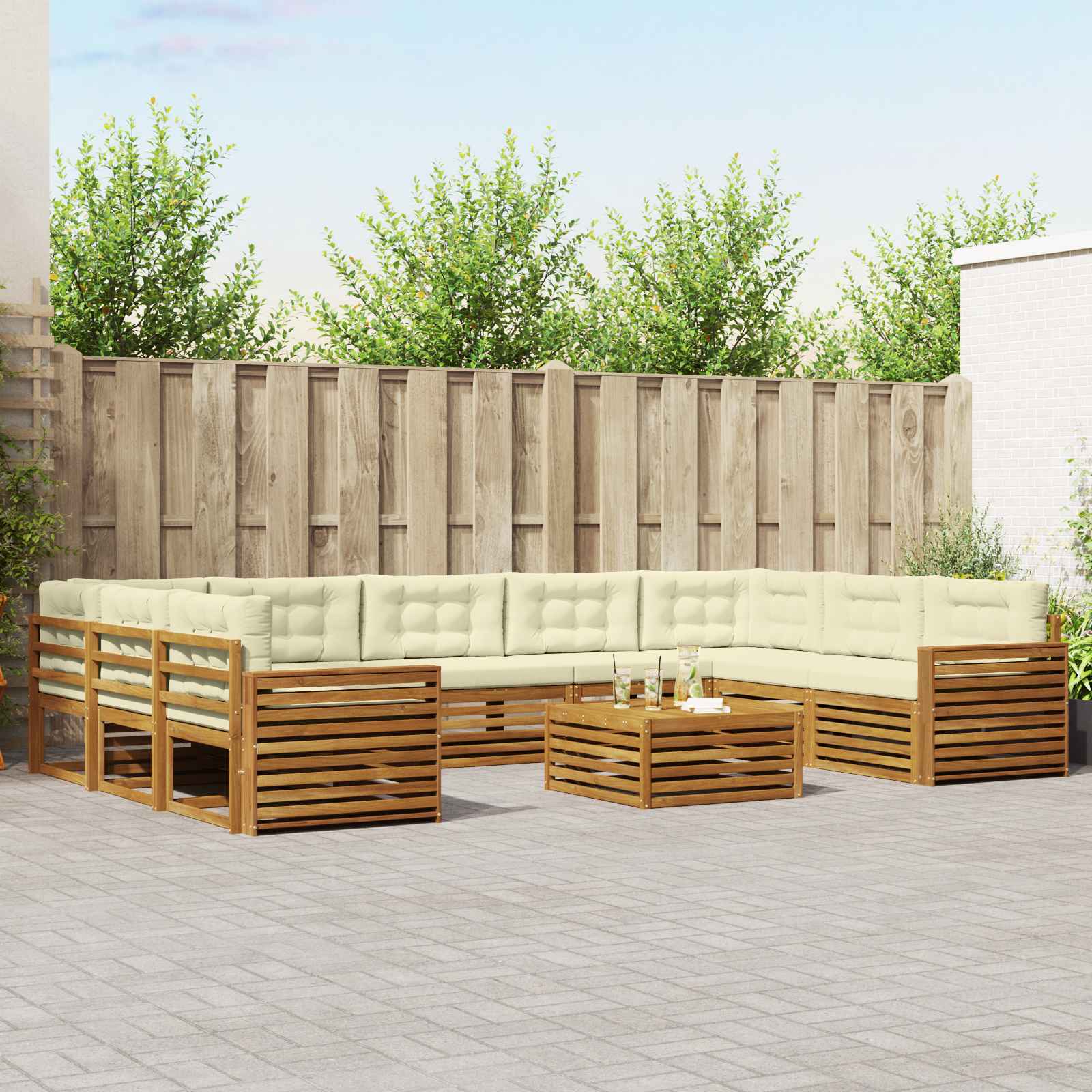 Outdoor-Sofagarnitur 10 stk. Natur und Creme Massivholz Akazie