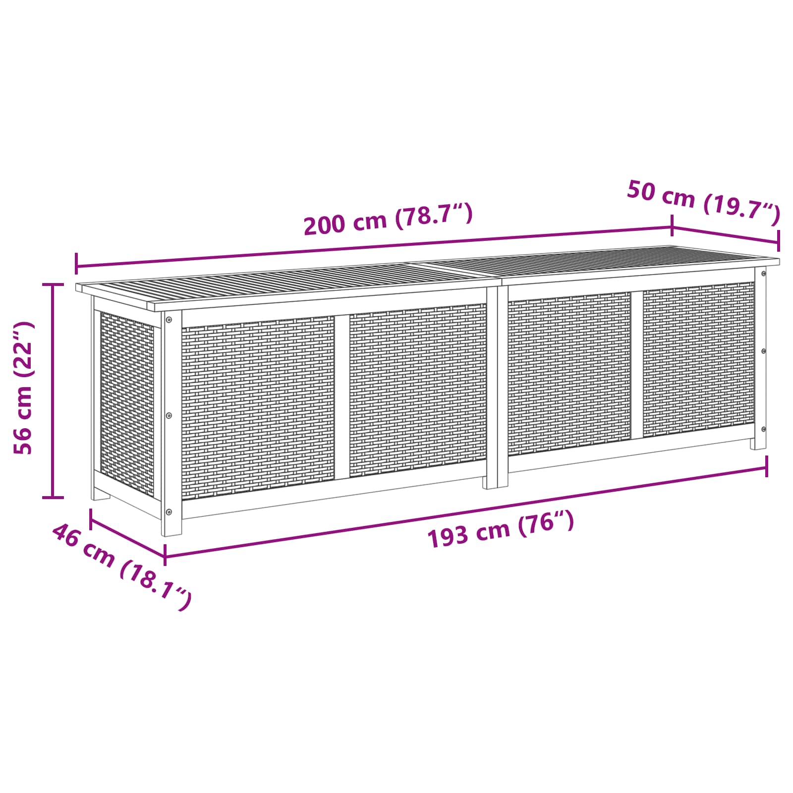 Gartenlagerbox 333 L Massivholz Akazie 200 x 50 x 56 cm Schwarz
