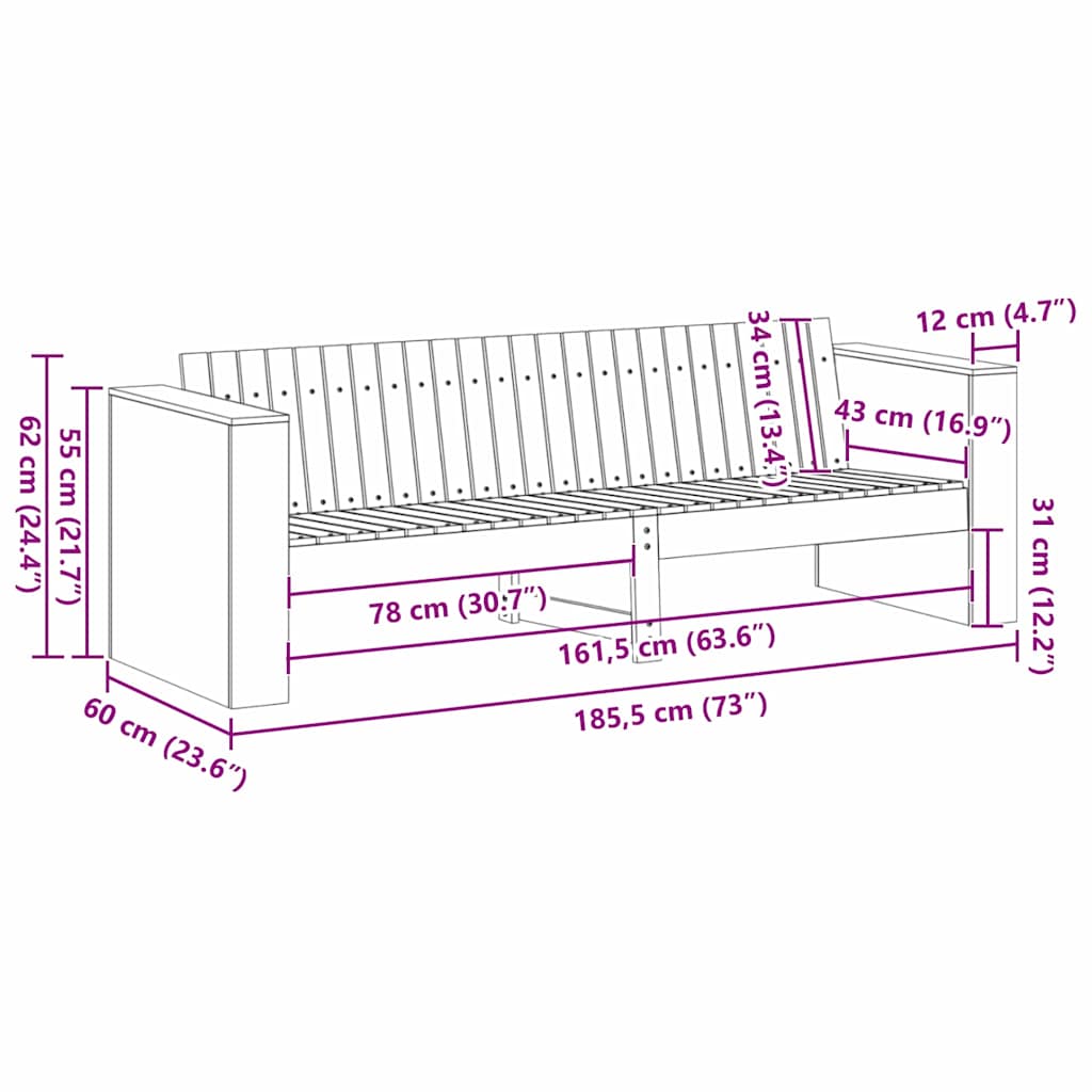 Gartensofa Weiß 185.5 x 60 x 62 cm Massivholz Kiefer