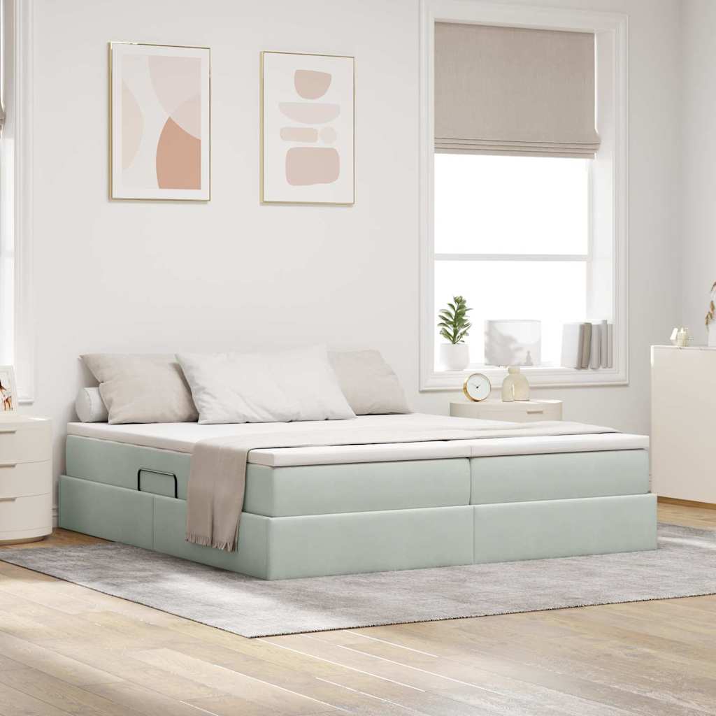 Aufbewahrungsbett mit Matratze Hellgrau 200 x 200 cm Samt