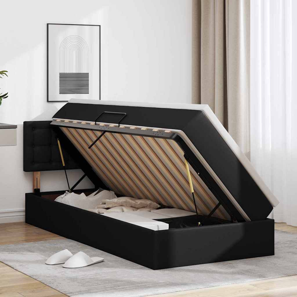 Aufbewahrungsbett mit Matratze Schwarz 90 x 200 cm Kunstleder