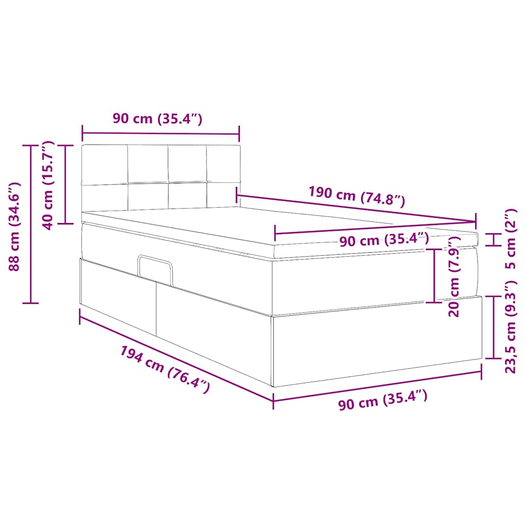 Aufbewahrungsbett mit Matratze Schwarz 90 x 190 cm Samt