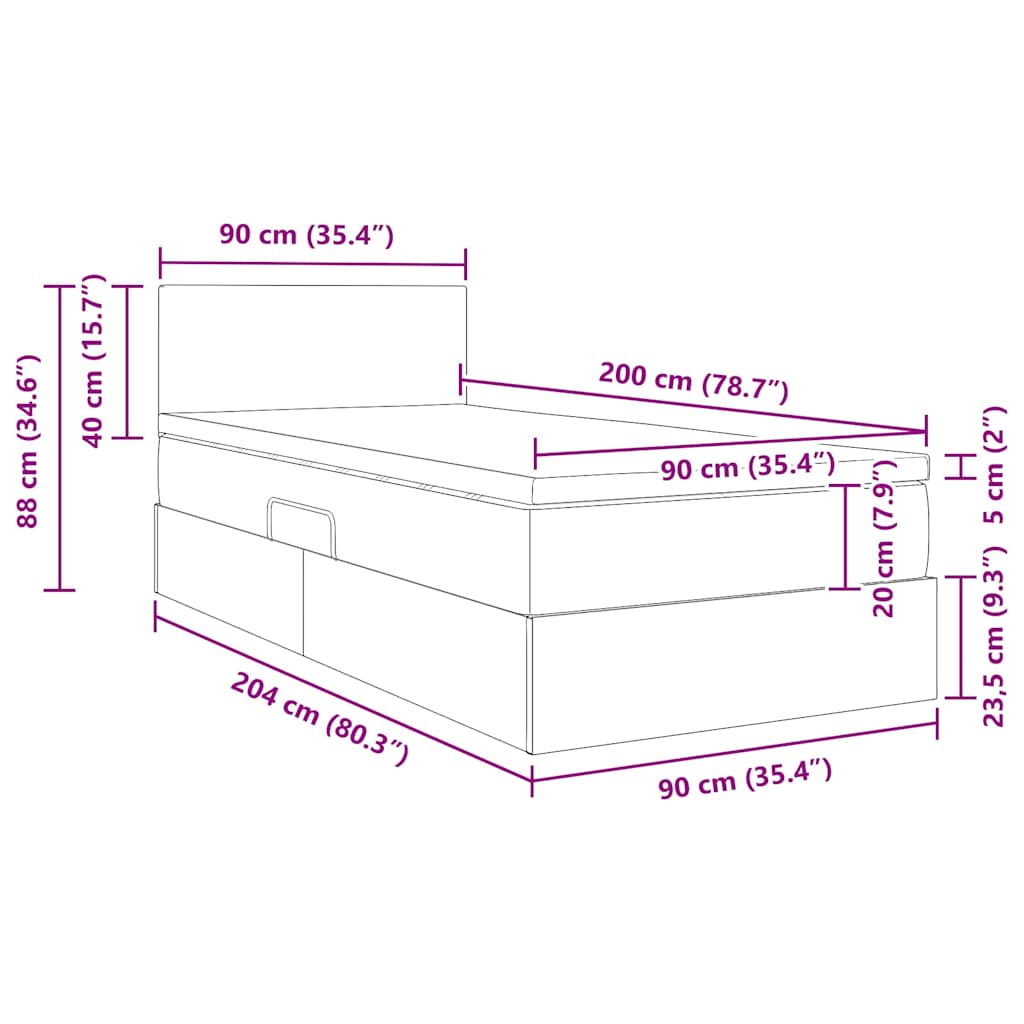 Aufbewahrungsbett mit Matratze Hellgrau 90 x 200 cm Samt