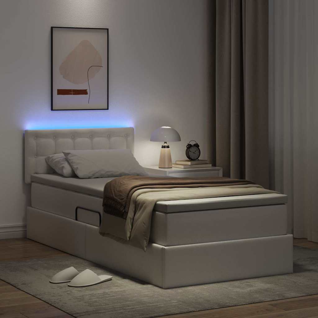 Bett mit LED-Lichtleisten Reinweiß 90 x 200 cm Kunstleder