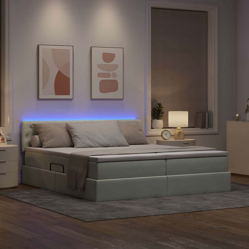 LED-Speicherbett mit Matratze Hellgrau 200 x 200 cm Samt