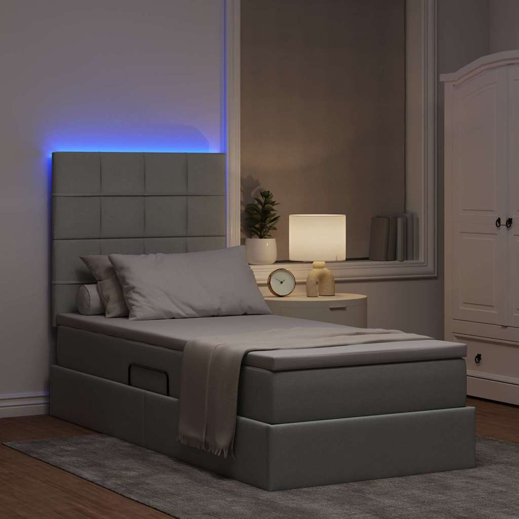 LED-Speicherbett mit Matratze Hellgrau 90 x 200 cm Stoff