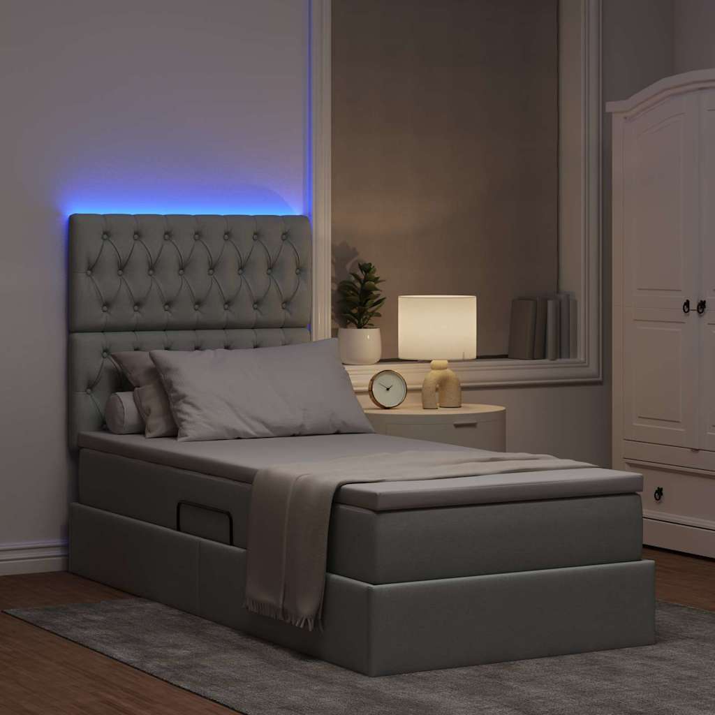 LED-Speicherbett mit Matratze Hellgrau 90 x 190 cm Stoff