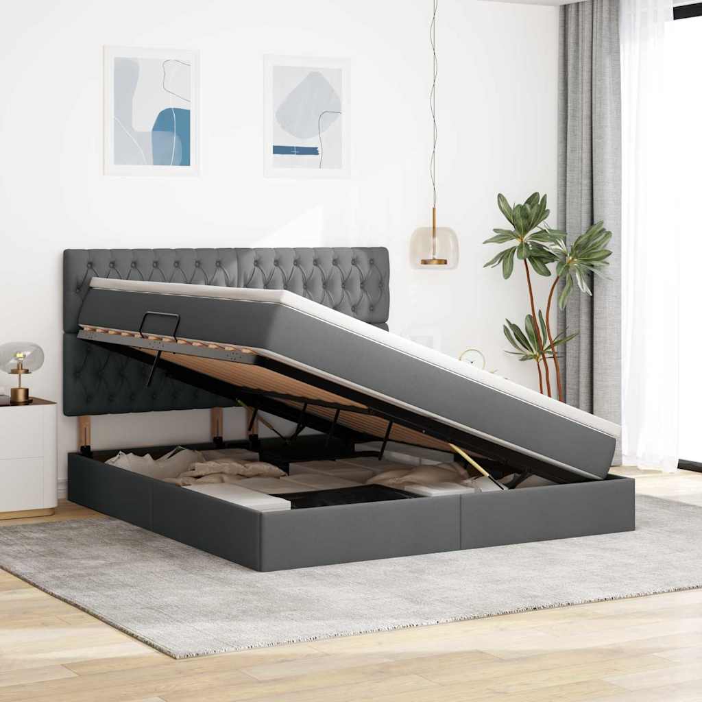 LED-Speicherbett mit Matratze Dunkelgrau 160 x 200 cm Stoff