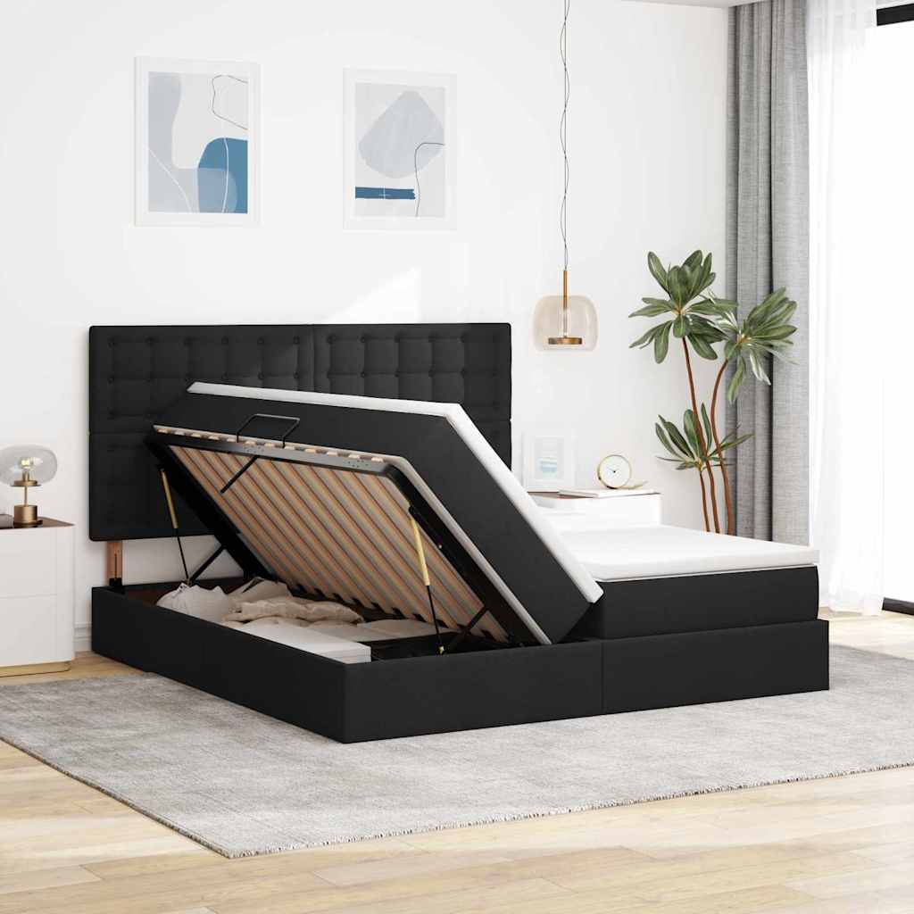 LED-Speicherbett mit Matratze Schwarz 200 x 200 cm Stoff