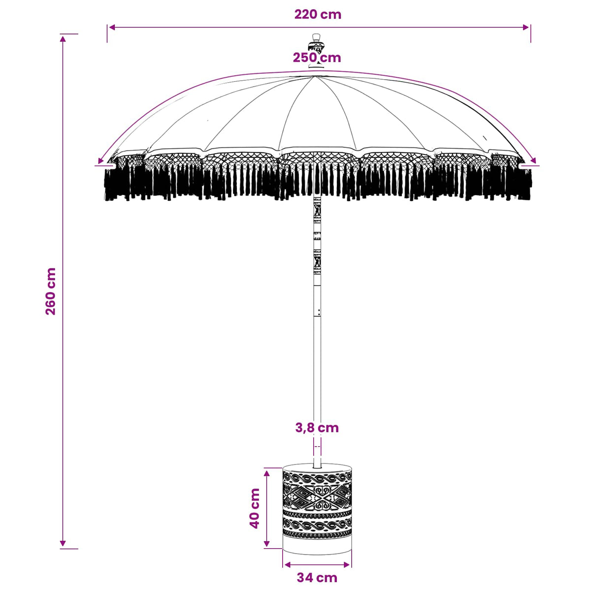Balinesischer Sonnenschirm mit Sockel Creme Ø 210-220 cm