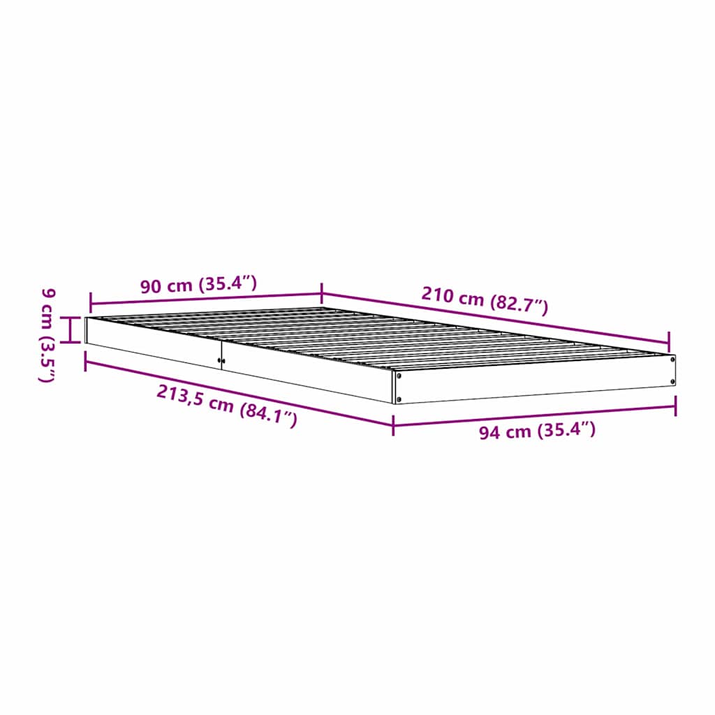 Bodenbettgestell Weiß 90 x 210 cm Massives Kiefernholz