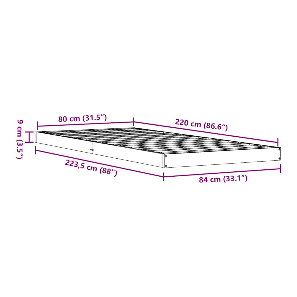 Bodenbettgestell Weiß 80 x 220 cm Massives Kiefernholz