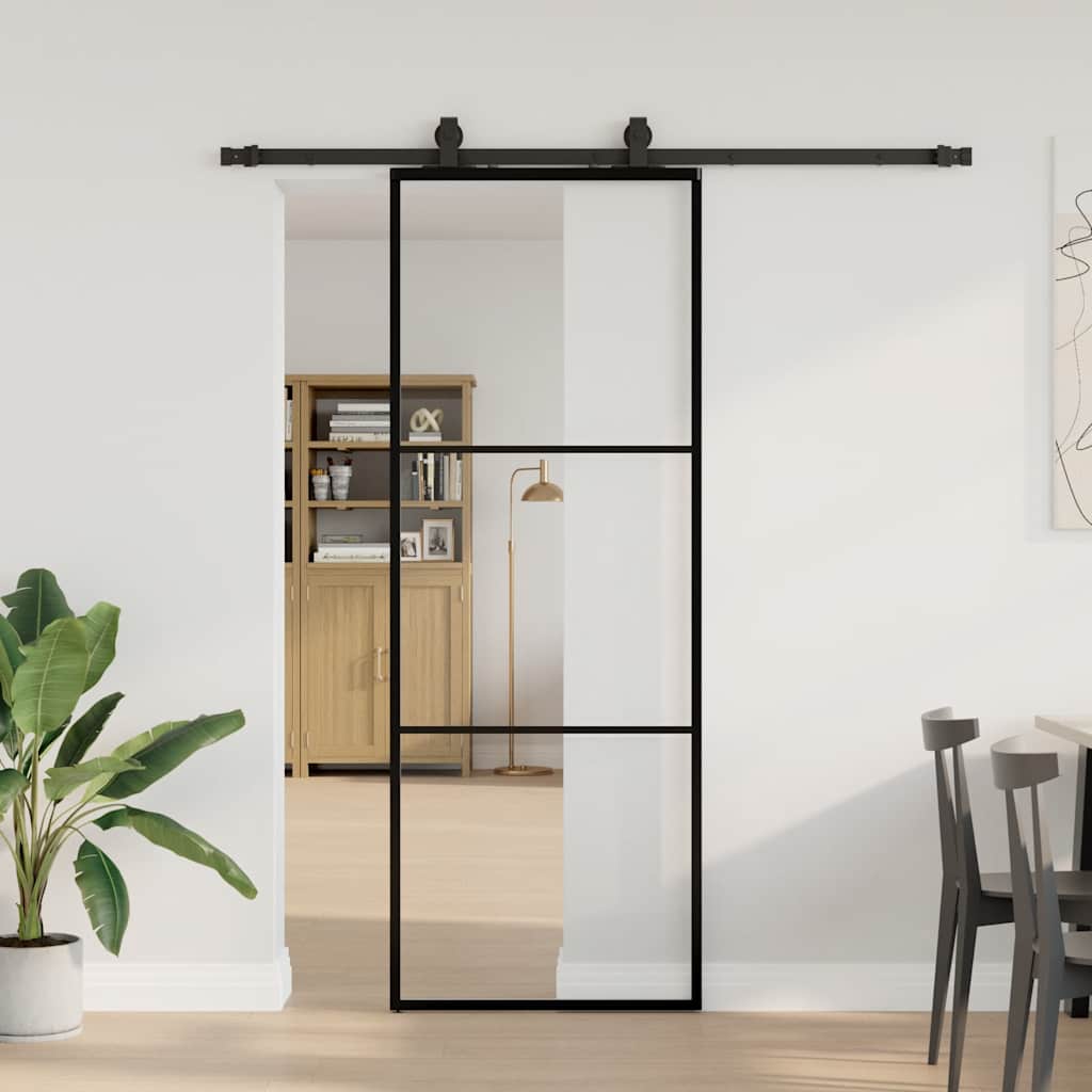 Schiebetür mit Beschlag Schwarz 76x205 cm ESG-Glas