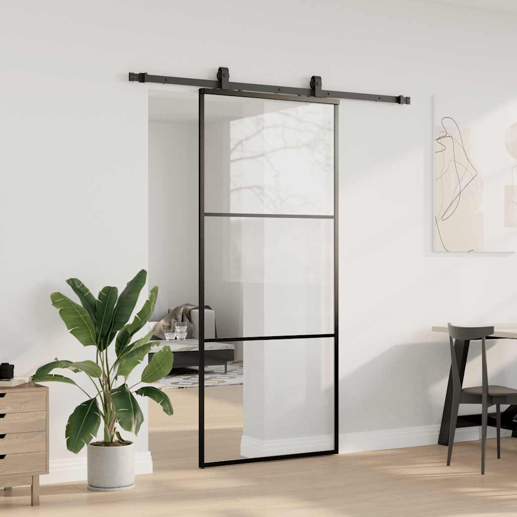Schiebetür mit Beschlag Schwarz 90x205 cm ESG-Glas