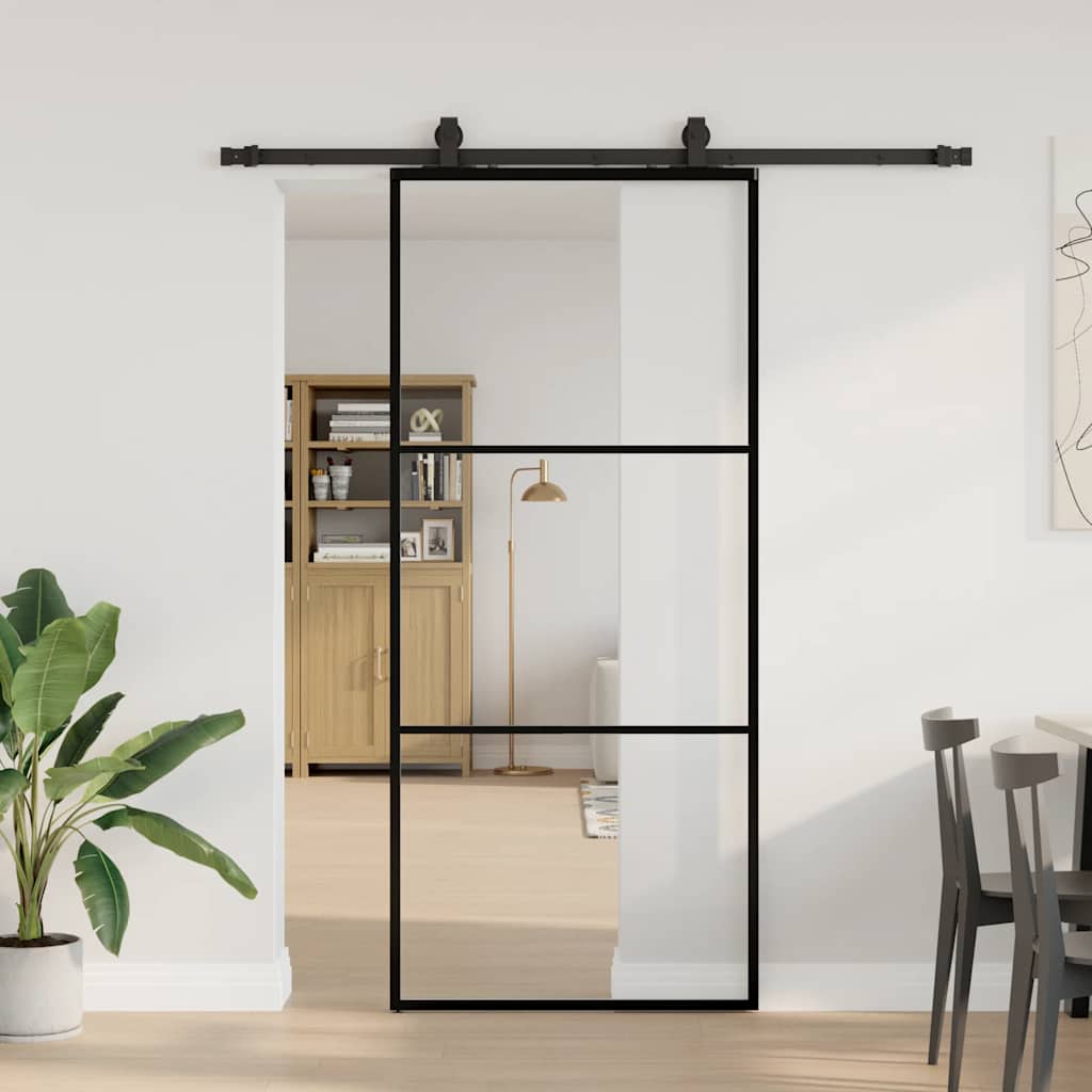 Schiebetür mit Beschlag Schwarz 90x205 cm ESG-Glas