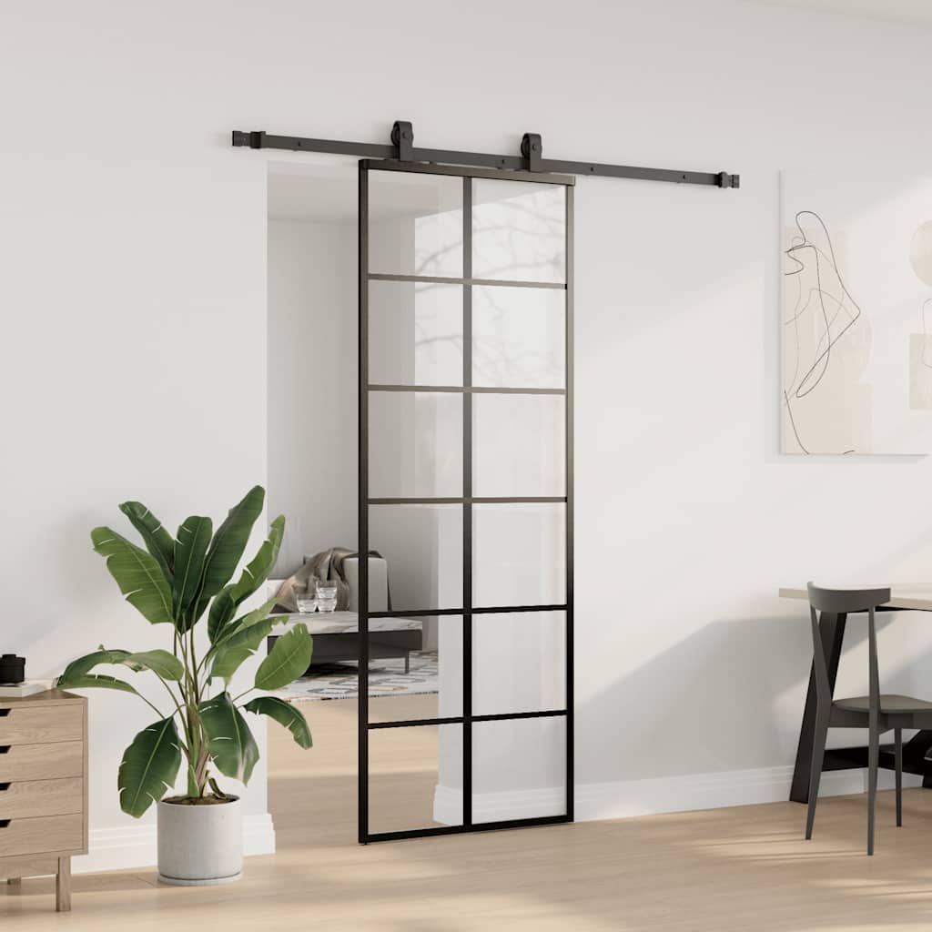 Schiebetür mit Beschlag Schwarz 76x205 cm ESG-Glas