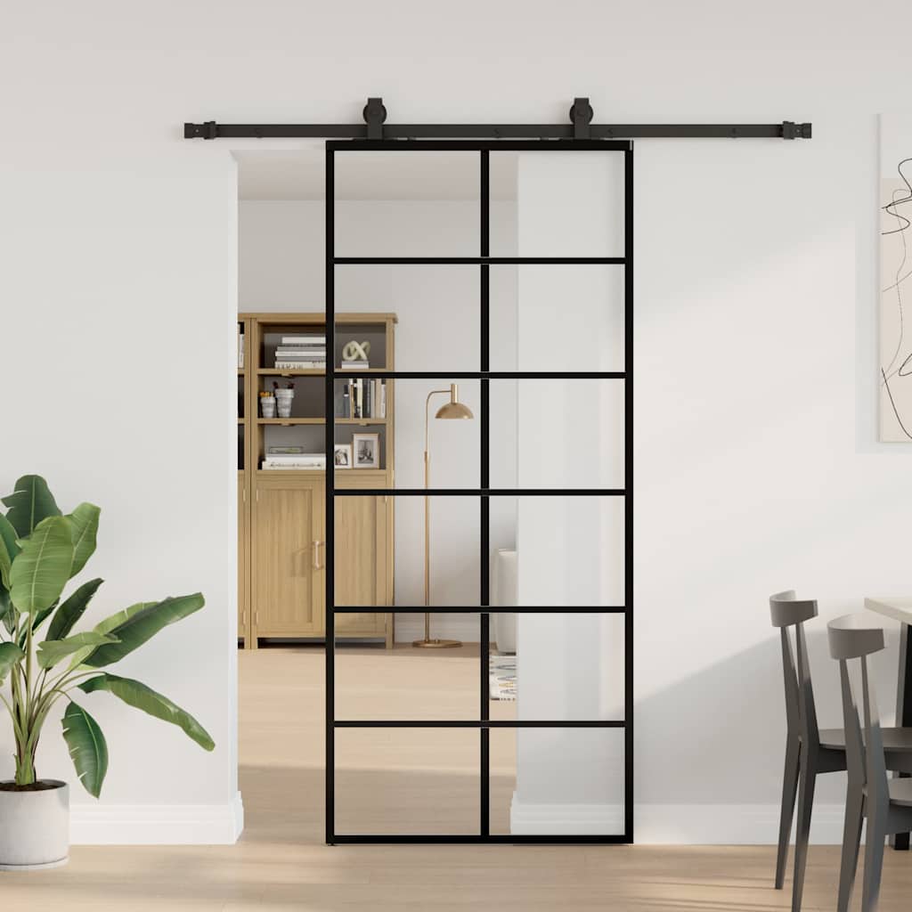 Schiebetür mit Beschlag Schwarz 90x205 cm ESG-Glas