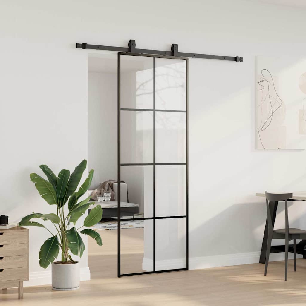 Schiebetür mit Beschlag Schwarz 76x205 cm ESG-Glas