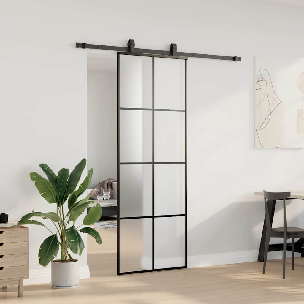 Schiebetür mit Beschlag Schwarz 76x205 cm ESG-Glas