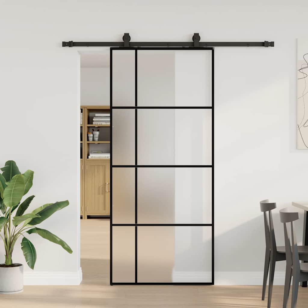 Schiebetür mit Beschlag Schwarz 90x205 cm ESG-Glas