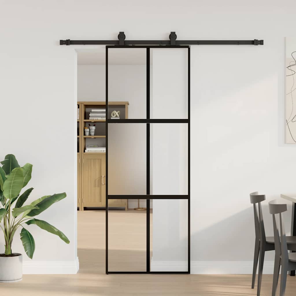 Schiebetür mit Beschlag Schwarz 76x205 cm Hartglas