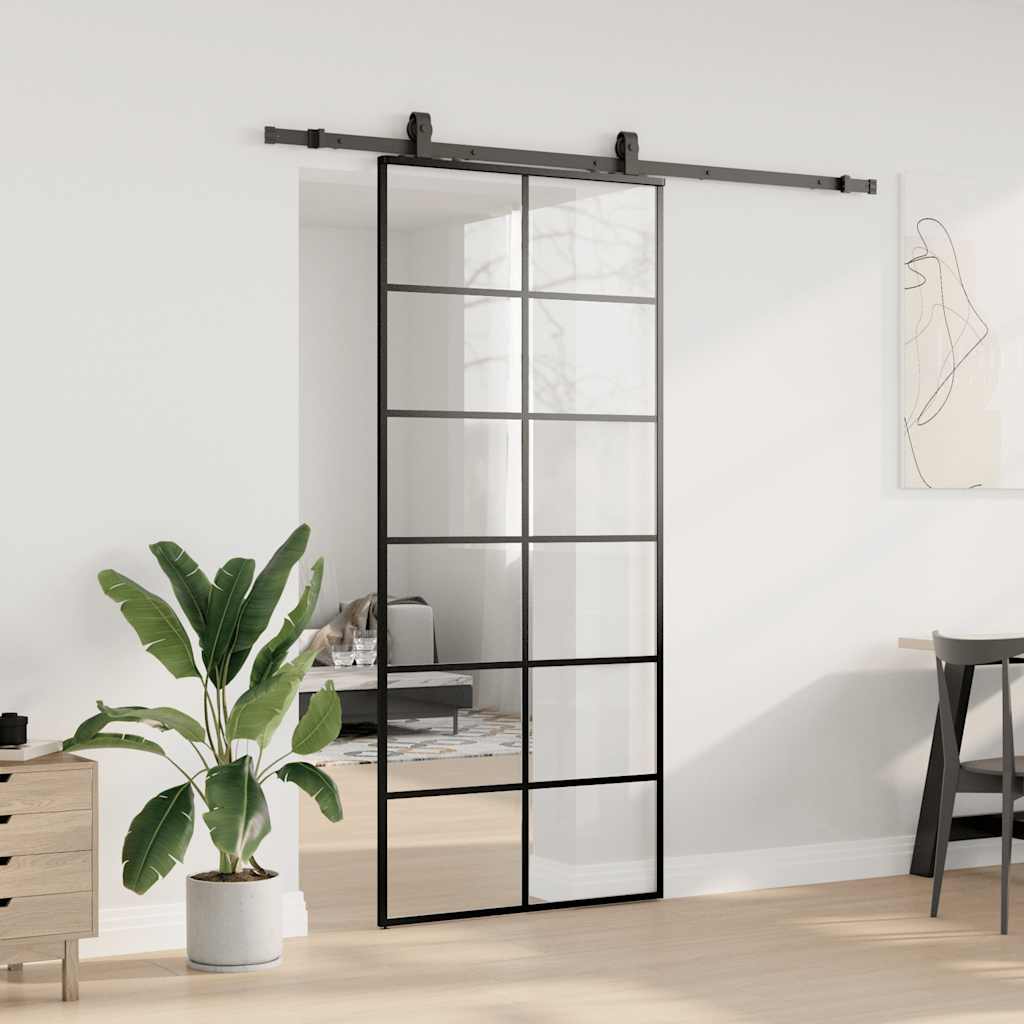 Schiebetür mit Beschlag Schwarz 90x205 cm ESG-Glas